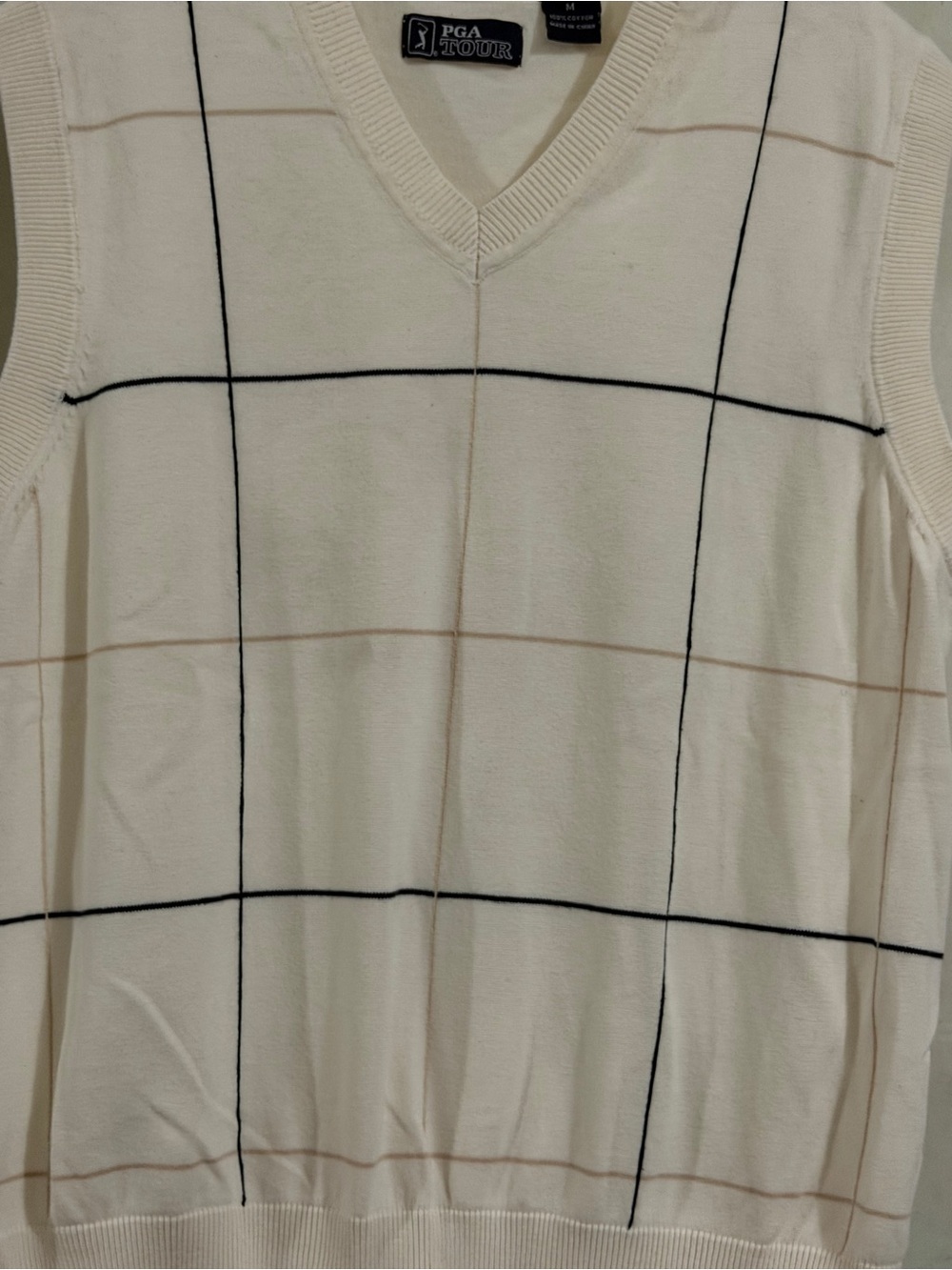 PGA Tour Cream V-Neck Windowpane Vest with Black Grid